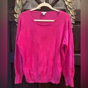 Pink light weight sweater with hearts on the front. Size large